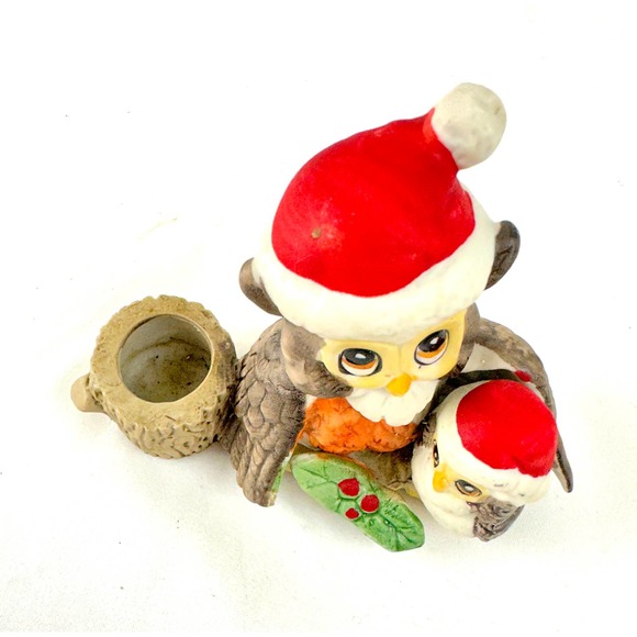 Vintage Christmas Owls Candle Holder Parent And Baby Hand Painted - Picture 3 of 9